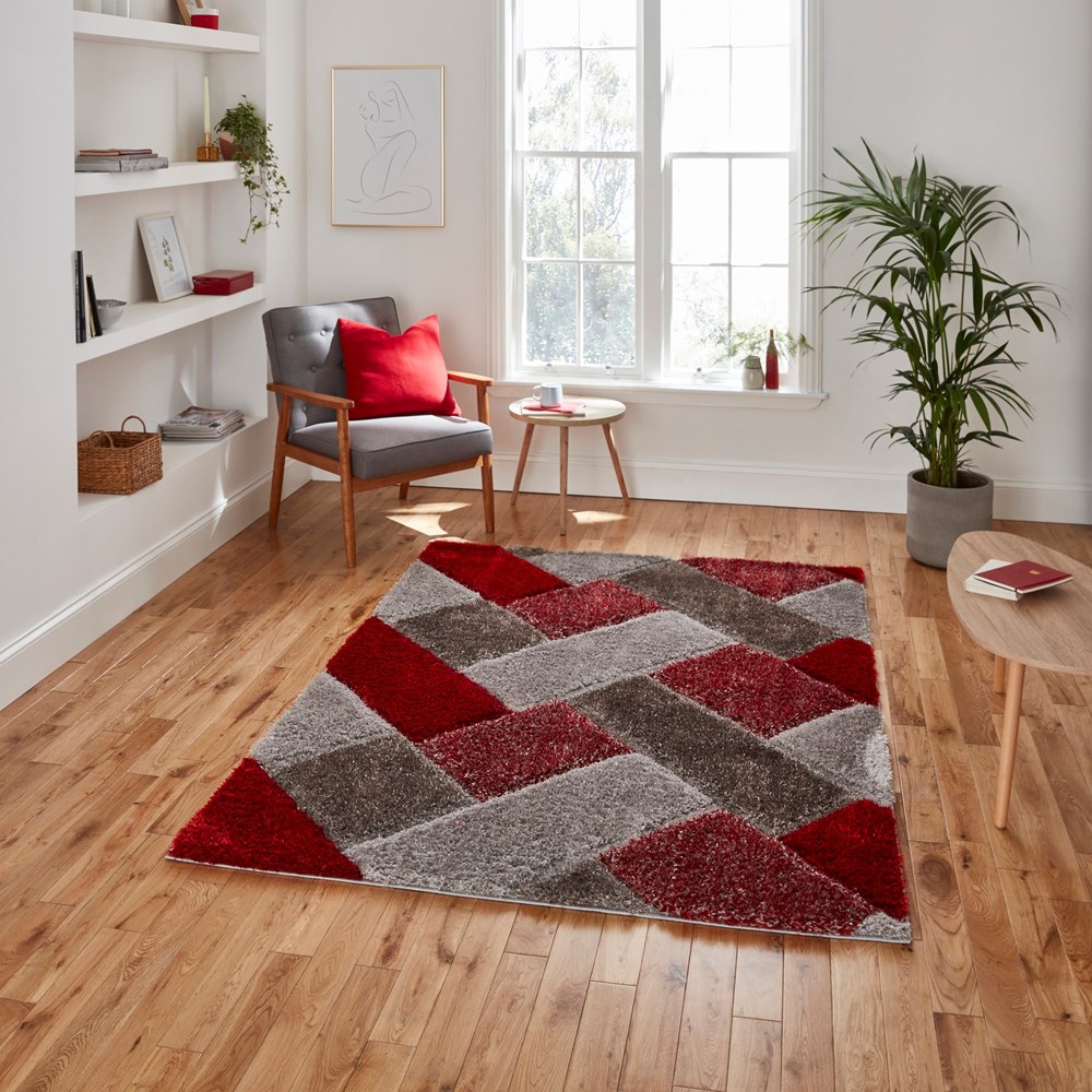 Olympia 2239 Grey Red Geometric Shaggy Rug